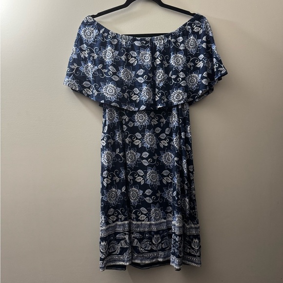 J.Jill Off The Shoulder Navy Blue Floral Dress - Picture 3 of 6